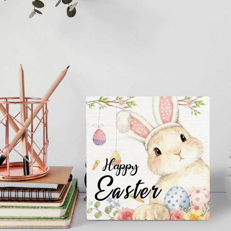 HYKDFMNCJ Happy Easter Bunny Wooden Box Sign Desk Decor, Easter