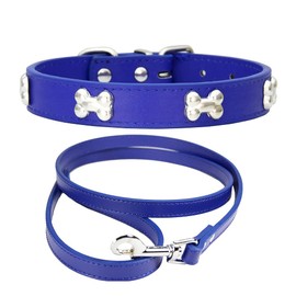 Yiwong Adjustable PU Dog Collar + Dog Lead, Alloy Bone Dog Collar, Simple Cute Designer Leather Dog Collars