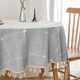 KUAOOAUK Round Tablecloth, Tassel Washable Table Cloth, Round Wrinkle Free Table Cover for Kitchen Home Dinning Party Outdoor Tabletop Decoration(Grey Grid, 140x140 cm)