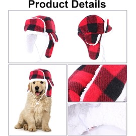 Christmas Dog Hat with Earmuffs,Warm Winter Dog Hat with Adjustable Elastic Band,Red Plaid Pet Cap,Pet Ears Warm,Snood Head Wrap,Xmas Dog Headwear,Christmas Dress up Costume Hat (Red, One Size)