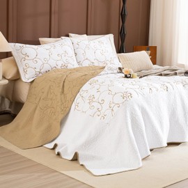 Sanracie Oversized King Quilt 128"x120",100% Cotton California King Bedspreads Extra Large Lightweight Embroidery Pattern Bedding Coverlet Set 3Pcs Gold and White Quilted Bedding Set All Season