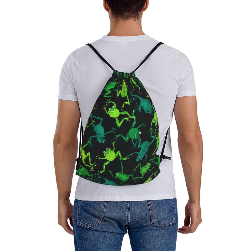 Richugui Backpack with Drawstring, Green, Black, Frogs, Drawstring Bag, Sports,