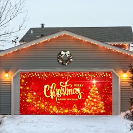 Trgowaul Christmas Garage Door Cover Banner Decorations, Large Red Xmas Garage Door Mural Christmas Tree Photography Background Party Supply Happy New Year Garage Door Christmas Decor 7x16ft