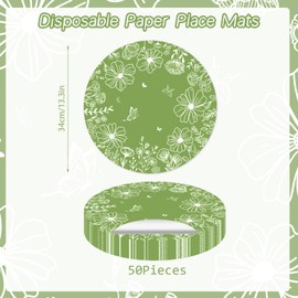 Manteles individuales desechables de papel, paquete de 50 manteles individuales de flores verdes, 13.4 pulgadas, redondos, florales, para mesa, cumpleaños, boda, primavera, suministros para fiestas