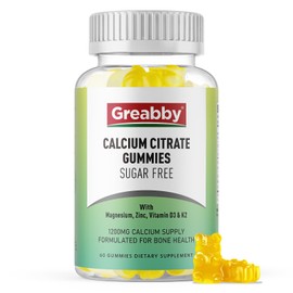 Greabby Calcium Citrate Gummies 1200 mg for Women & Kids, Sugar Free Calcium Supplement with Vitamin D3, K2, Magnesium, Zinc, Bone Support for Adults & Elders, Natural Pineapple Flavor, 60 Gummies