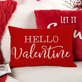 LOMCHEN Red Valentines Day Pillow Covers 12x20 inch Hello Valentine Love Heart Cushion Case Valentines Day Decorations for Sofa Couch