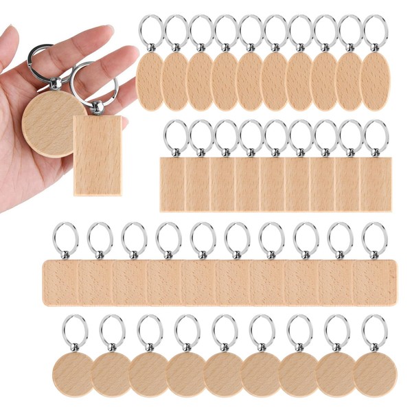 Nvanvmm 40 Pieces Round Wooden Keychain Empty Keychain in Wooden