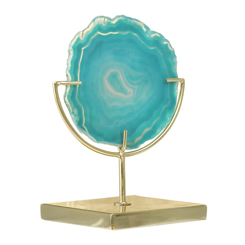 Decorative Agate Slice Accent on Metal Stand, Marbled Turquoise