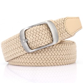 JASGOOD Mens Belt-Elastic Braided Stretch Belt with Covered Leather Buckle for Jeans Woven Trouser Belts for Men and Women,Beige,Fit Waist Size 37"-41"