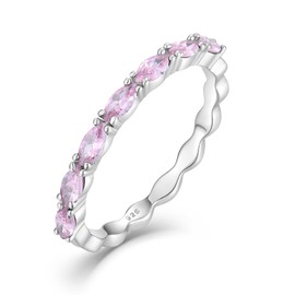 STARCHENIE 2mm Stackable Rings | 925 Sterling Silver Half Eternity Ring | Marquise Cut Birthstone Rings for Women, Gemstone, Created Pink Tourmaline