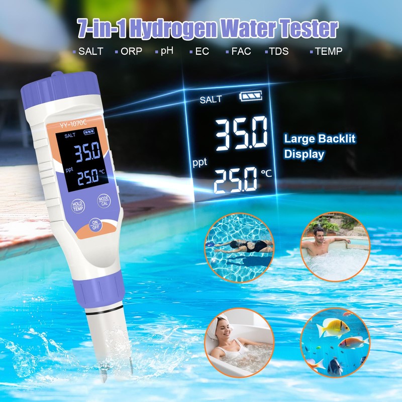 7-in-1 Digital Pool Water Tester – Chlorine, pH,Salt,ORP, EC, TDS&Temp