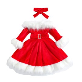 Toddler Baby Girl Velvet Christmas Dress 3Pcs Set Long Sleeve Off Shoulder Princess A-line Skirt with Belt Headband (A-Red, 5-6 Years)
