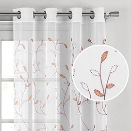 Creative Home Ideas Sheer Curtains 63 Inch Length Embroidered Floral Curtains, Extra Wide Sheer Curtain 54"x63", Decorative Leaf Curtains for Living Room, Grommet Curtain Sheers, Coral Curtains