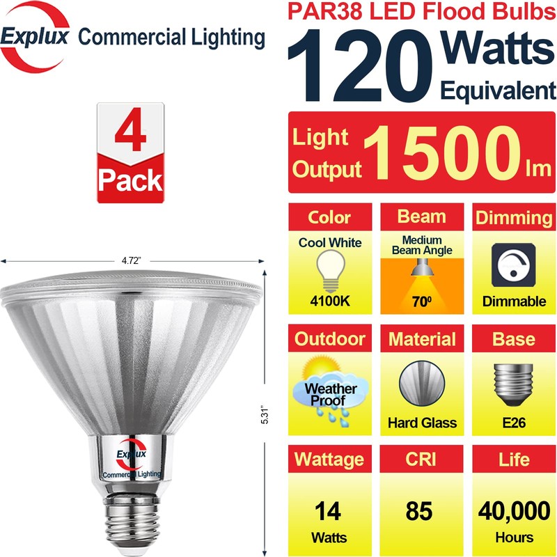 Explux Commercial-Grade LED PAR38, 120W Equivalent, 1500 Lumens, 40000 Hours,