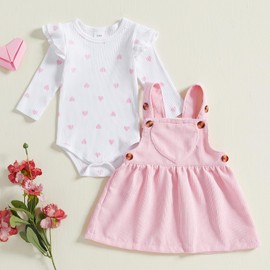 Nicoxijia Newborn Baby Girl Valentine's Day Skirt Outfits Heart Print Ribbed Romper Corduroy Suspender Dress 2Pcs Skirt Set (Pink, 3-6 Months)