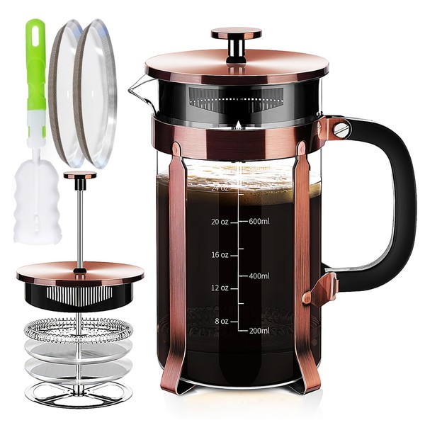 YMMIND French Press Coffee Maker 304 Stainless Steel Coffee Press,with 4 Filters System, Heat Resistant Thickness Borosilicate French Press Glass, BPA-Free Brewed Tea Pot Coffee Plunger