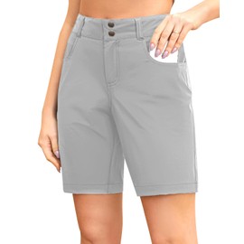 Holipick Women's 10" Hiking Cargo Shorts Athletic Golf Long Shorts with Pockets Summer Quick Dry Outdoor, Light Gray, Medium