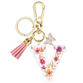 Vadaka Alphabet Initial Letter Keyring Tassel Butterfly Keyring for Wallet Backpack Handbags Initial Key Chain for Women(V