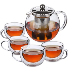 BTaT- Glass Tea Pot Set, Set of 4, Tea Set, Tea Cups, Tea Pot, Glass Tea Cup, Tea Kettles Stovetop, Tea Set for Adults, Glass Tea Kettle, Tea Kettle with Infuser, Double Wall Glass