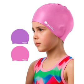 2 Pack Swim Cap Kids - Swimming Cap for Long&Short Hair - Silicone Swim Caps for Girls&Boys, Swim Cap for Kids 3-15, Keep Hair Dry