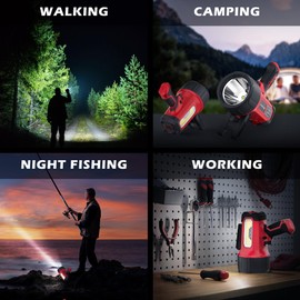 FORTO Rechargeable Spotlight Flashlight with 80000 Candela, 2000 Lumens Handheld Spotlight with Foldable Stand, 6 Modes IPX7 Waterproof LED Spot Lights for Boating Hunting Hiking (Red)