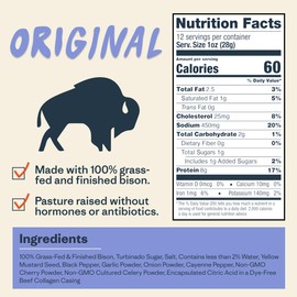 Patagonia Provisions Bison Sticks - Original | 100% Grass-Fed, 8g of Protein, 60 Calories | No Artificial Ingredients, Added Flavors, Fillers, or Nitrates | Pack of 12, 1 oz Each