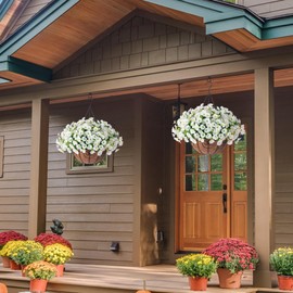 Artificial Fake Hanging Flowers Plants Basket for Outdoor Spring Summer Decoration, Faux Silk White Look Real UV Resistant Morning Glory in Hang Planter for Porch Patio Balcony Yard Outside Decor