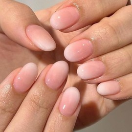 Gradient Pink Press on Nails Short Oval,KXAMELIE Nude Color Full Cover Round Fake Nails For Girls,Short Oval False Nails Glue on,Instant Acrylic Nails Press ons,Blank Short Nails Set in 12 Sizes