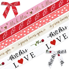 ABTOLS 6 Rolls 30 Yards Valentine Ribbons, 3/8" Red Pink Mr&Mrs Ribbons Love Rose Decor Grosgrain Ribbons Kiss Heart Valentine's Day Organza Ribbons for Gift Wrapping Valentine Anniversary Party