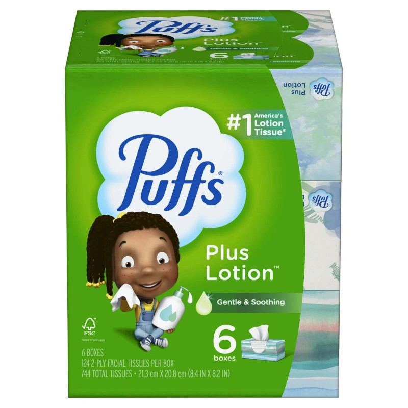 Puffs Plus Lotion Facial Tissue, 6 Family Size Boxes, 124