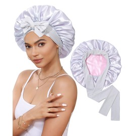CHLINS Satin Bonnet Silk Bonnet for Sleeping Silk Sleep Cap Double Layer Hair Bonnet with Elastic Tie Band for Curly Hair Night Cap (Light silver+Pink)