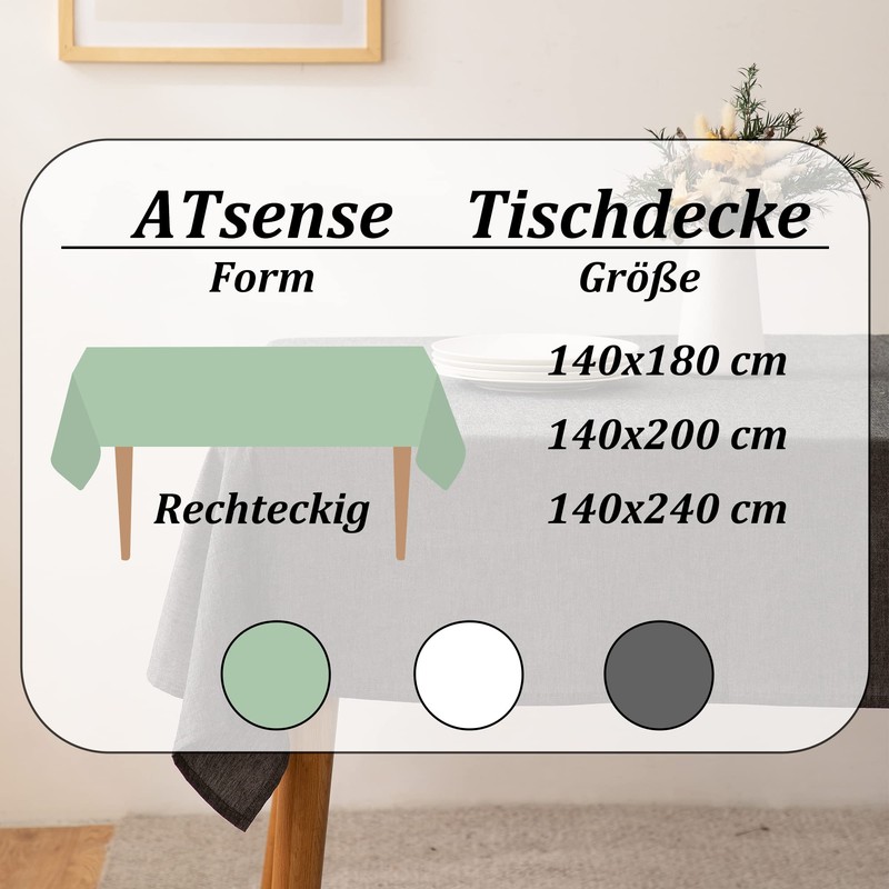 ATsense Tablecloth, green, linen look, 100% washed cotton, square, 140
