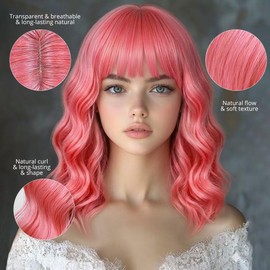 Sweetie Blush Pink Bob Wig Bangs – Wavy Synthetic Shoulder Length