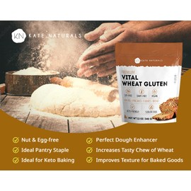 Vital Wheat Gluten for Bread Making, Baking & Seitan (12oz) - Kate Naturals. Natural Powder for Bread Machine. Non-GMO, High Protein Flour, Low Carb Bread for Vegan Gluten & Keto