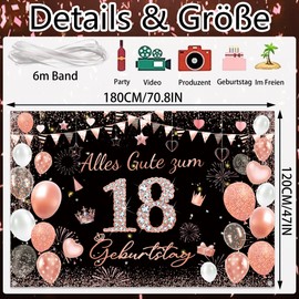 Decoration 18th Birthday Girl Banner - Rose Gold 18 Year Birthday Decoration Happy 18th Background, Large Fabric Birthday Banner Birthday Party Decorations 180 x 120 cm