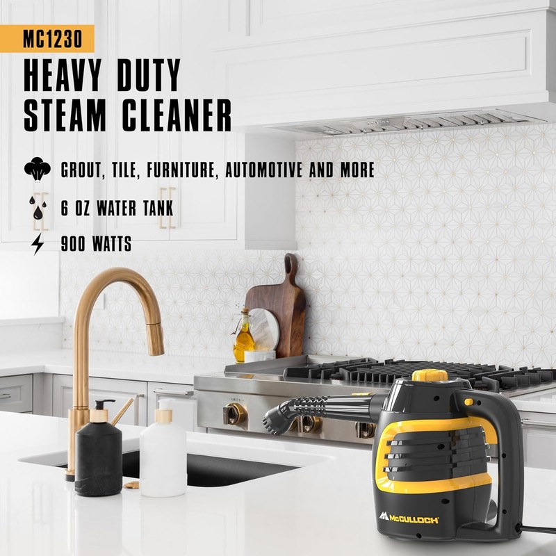 McCulloch MC1230 Handheld Steam Cleaner, 10 Minute Runtime, 11 Accessories: