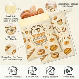 FWOAFTER 2 Pack Beeswax Bread Bags for Homemade Sourdough (13"x17") - Double Layer Cotton Lined Reusable Keeper - Breathable Buckle Closure for Artisan Loaves, Baguettes & Pastries
