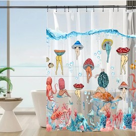 Clear Mushroom Shower Curtain Liner, Plastic Transparent Colorful Funny Shower Curtain Liner with Design, Cool Unique Funky Sexy Shower Curtain for Adults, 72x78 Grommet Shower Curtain with 12 Hooks