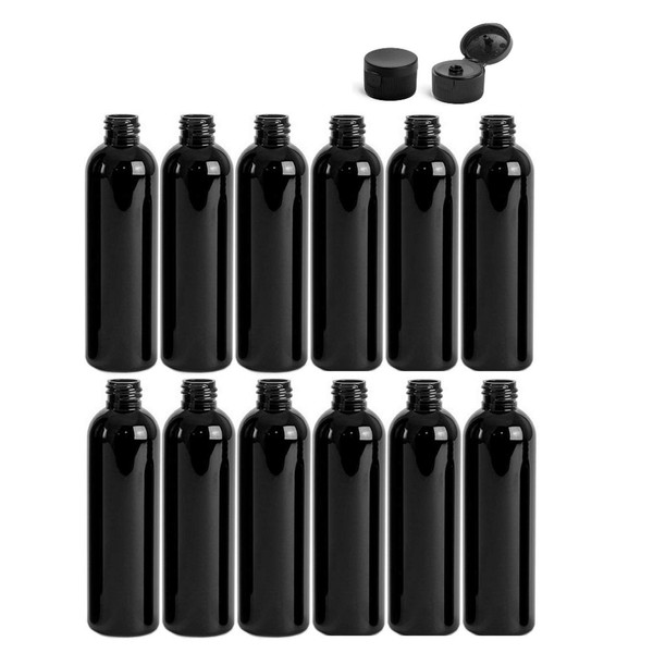 4 Ounce Cosmo Round Bottles, PET Plastic Empty Refillable BPA-Free, with Black Flip Up Snap Top Caps (12 count, Black)