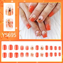 24Pcs Fall Press On Nails Short Square Fake Nails With Red Brown Maple Leaf Pumpkin Design Cute Thanksgiving Elements Press On Leaves Gold Glitter Nails Glossy Autumn Stick On Nails for Women