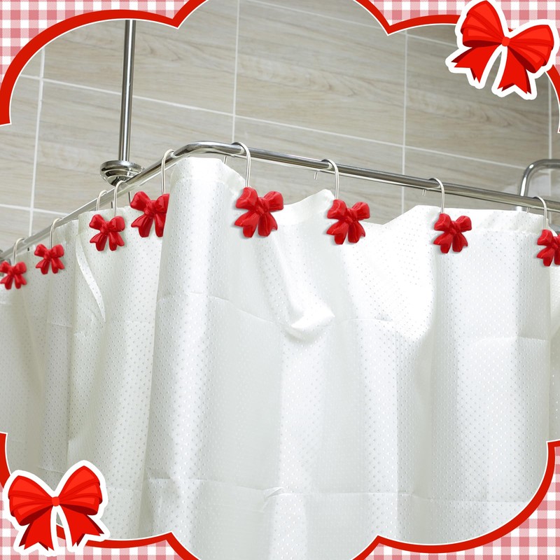 Yaocom 12 Pcs Red Bow Knot Shower Curtain Hooks Rustproof