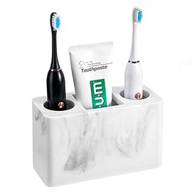 Luxspire Toothbrush Holder, 3 Slots Large Electric Toothbrush Toothpaste Stand, 6.3x2.8x3.8 inch Resin Storage for Bathroom Accessories Set Vanity Counter Sink Organizer Caddy Marble- Gravel White