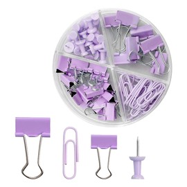 Lotsdonxia 72PCS Set of Binder Clips, Paper Clips, Push Pins, Bulldog Clips, Including Storage Box, Desk Organizer for Home, School, and Office Supplies（Purple）