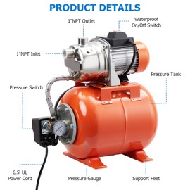 1HP Shallow Well Pump With Pressure Tank, 800GPH, Stainless Steel Irrigation Jet Pump, Automatic Water Booster System for Home Garden Lawn Farm