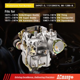 34 pict 3 carburetor Compatible for vw beetle carburetor parts, Fits for 1972 vw beetle carburetor, Fits for 1971-1979 Dual Port 1600cc Engine, Automatic Choke # 113129031k Carb 98-1289B