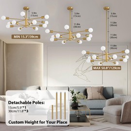 KAISITE Modern Sputnik Chandelier Ceiling Light Fixture 12-Light Gold Chandelier for Dining Room Over Table Height Adjustable Mid Century Industrial Chandelier for Kithchen Living Room Entryway