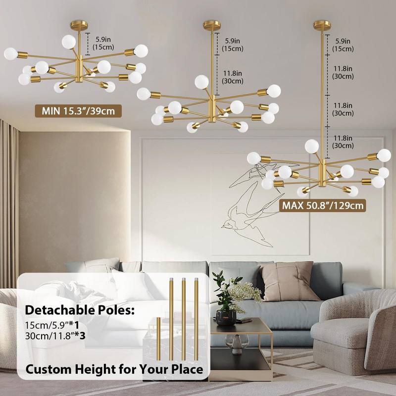 KAISITE Modern Sputnik Chandelier Ceiling Light Fixture 12-Light Gold Chandelier