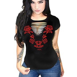 Sexy Angel Wings Motorcycle Tattoo DIY Biker Tee | Cute Curvy Sexy Plus Size Goth T-Shirt Top … (L, Nashville Rose- Black)