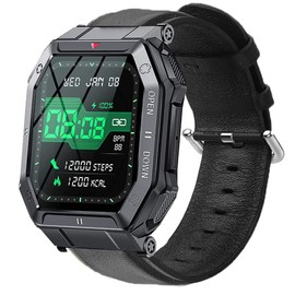 Compatible for LIGE K55 Smartwatch Band, Sahouden Genuine Leather Replacement Strap Watchband Compatible with LIGE K55/PUREROYI 1.32'' C21/C20 Pro/VALYV K22 /EIGIIS K22/EIGIIS K55/Bassizo K55/TAOPON NX3 1.85/Moowhsh HM09 Smartwatch (Black)