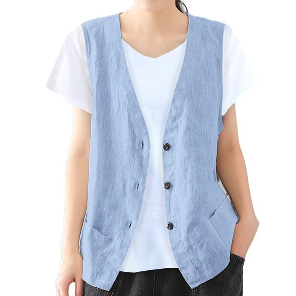 IDEALSANXUN - Chaleco de lino de algodón para mujer, casual, sin mangas, chamarra, Azul/claro, XXL